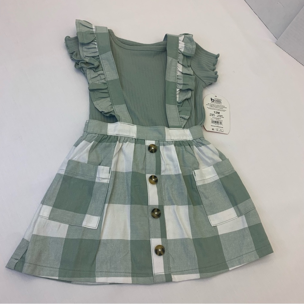 Wonder nation Baby girls sage green Pinafore Dress 2 piece set size 12 month.